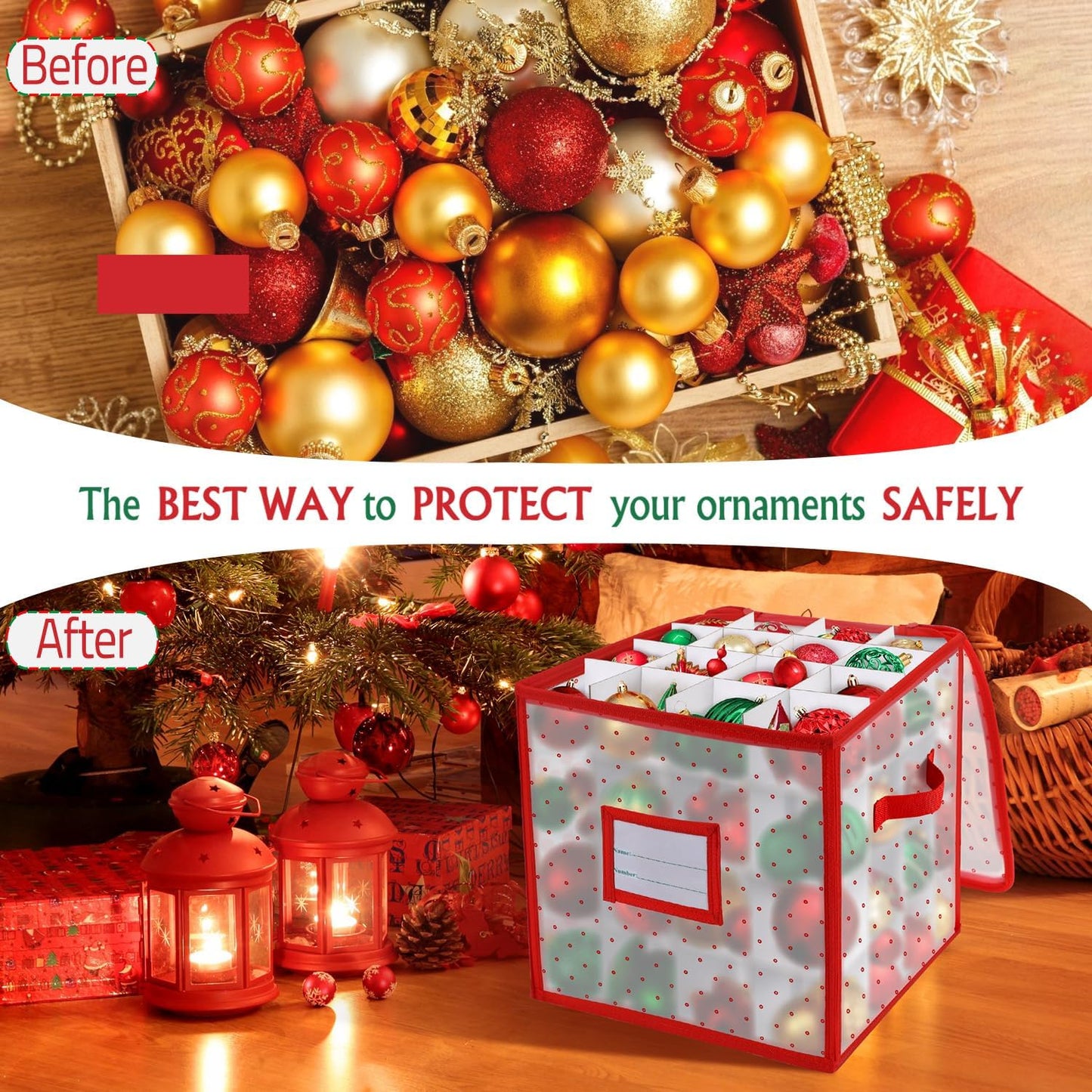Caja almacenamiento adornos Navidad con divisores 3" rojo
