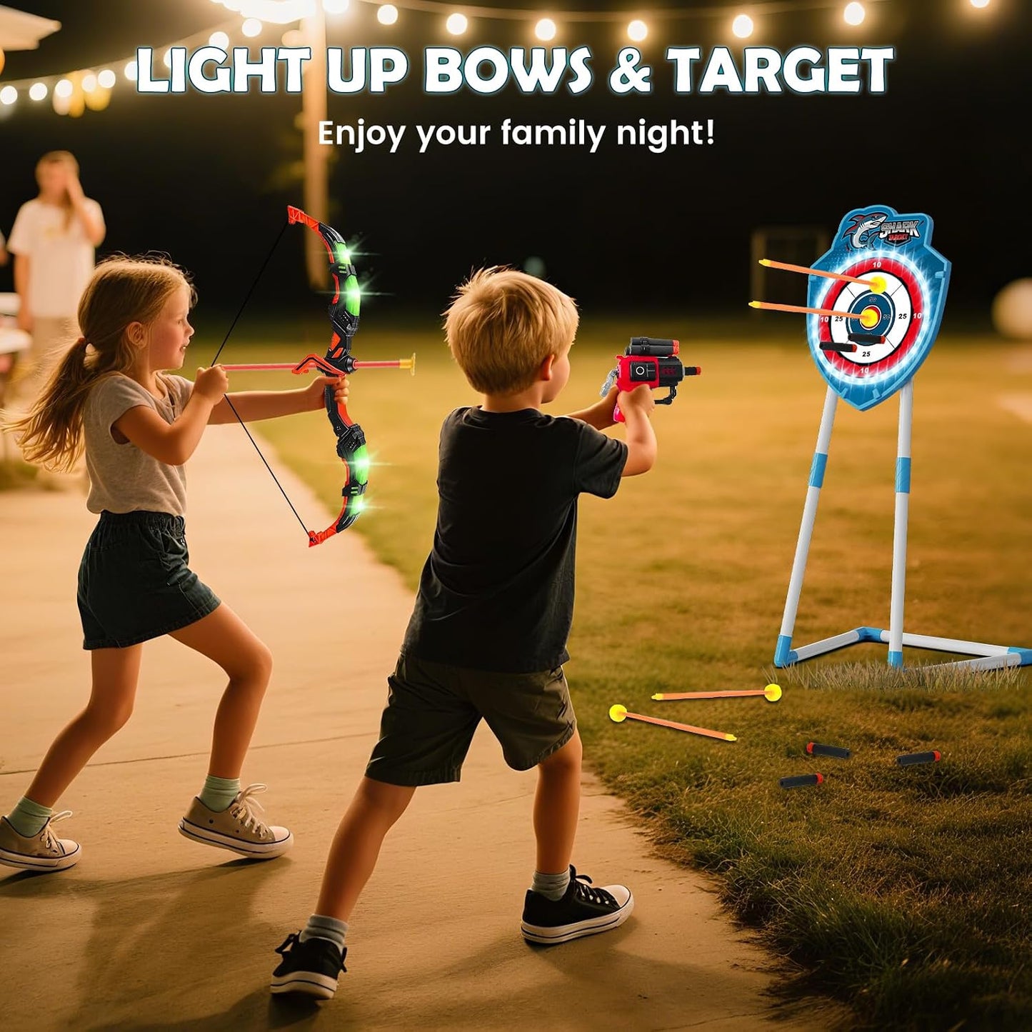 2 Set arco y flecha LED 4en1 20 flechas objetivo tiburón