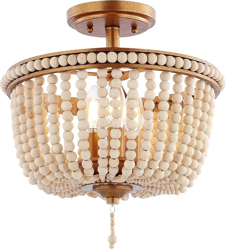 Lámpara techo 3 luces cuentas madera dorado antiguo 14"