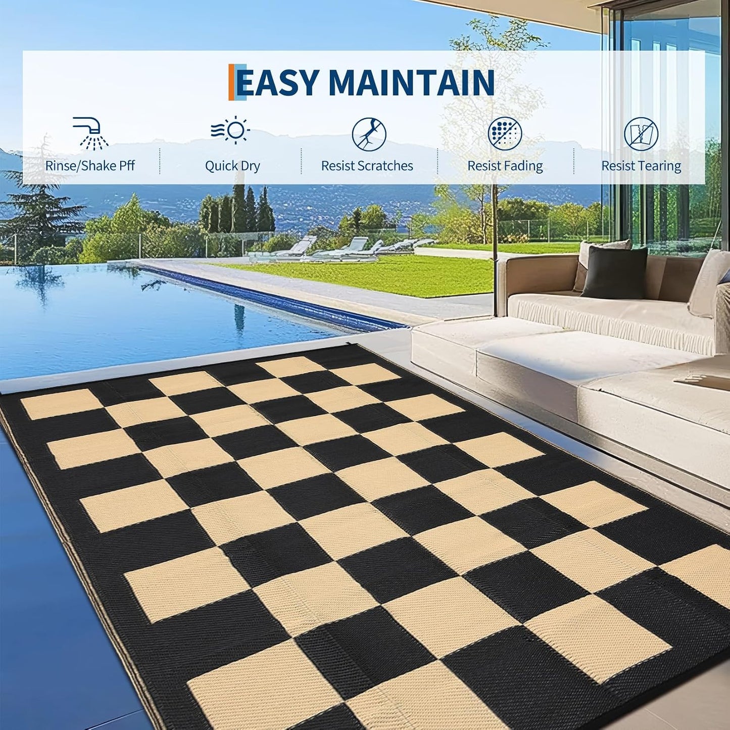 Alfombra exterior 8x10" impermeable ajedrez reversible