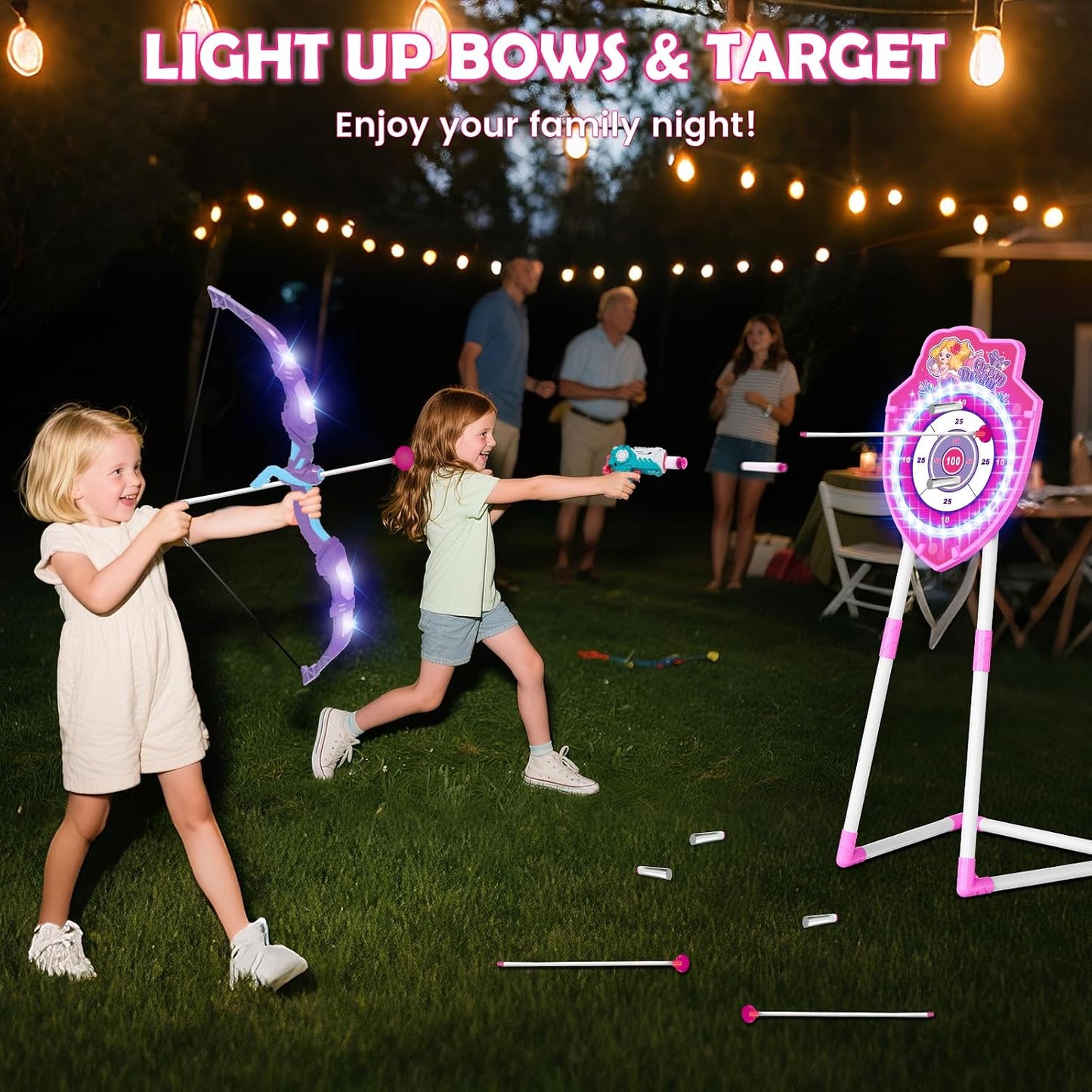 2 Set arco y flecha LED 4en1 con ventosa objetivo para niños