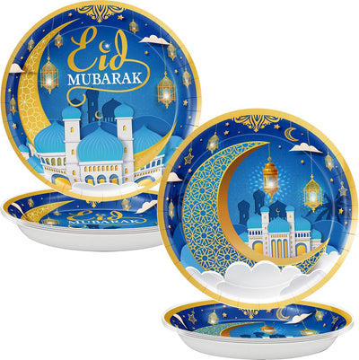 24 Platos Ramadán 9pulg Azul Dorado Eid Mubarak
