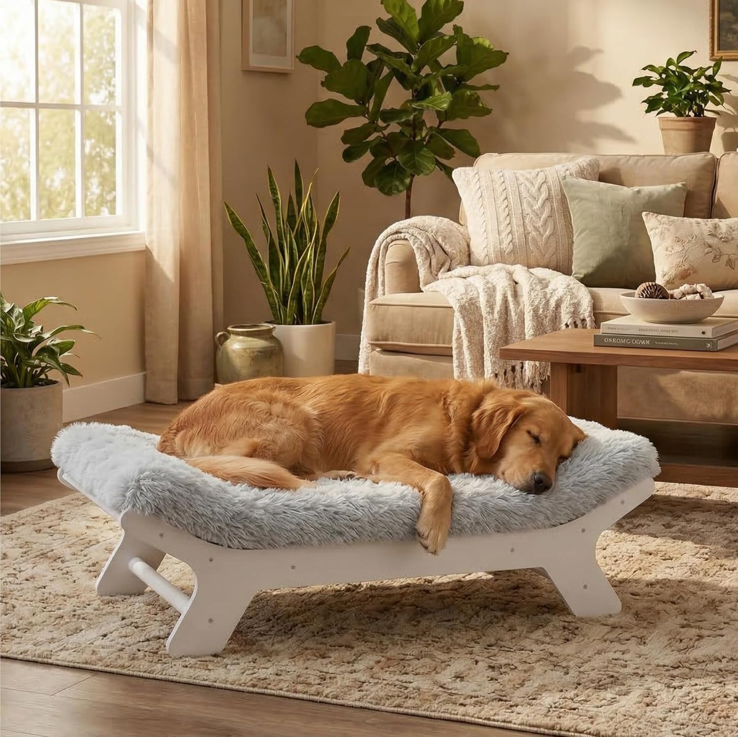 Marco cama elevado para perro madera espuma XL blanco