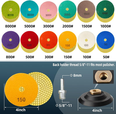 14 Almohadillas Pulido Diamante 4pulg 5/8pulg 50-8000 Grano