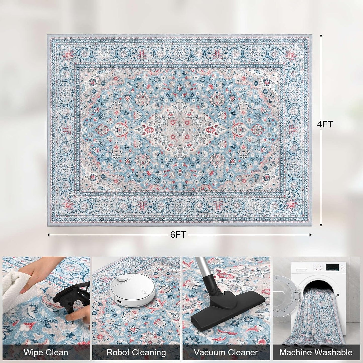 Alfombra bohemia azul 4x6ft antiderrap dormitorio cocina