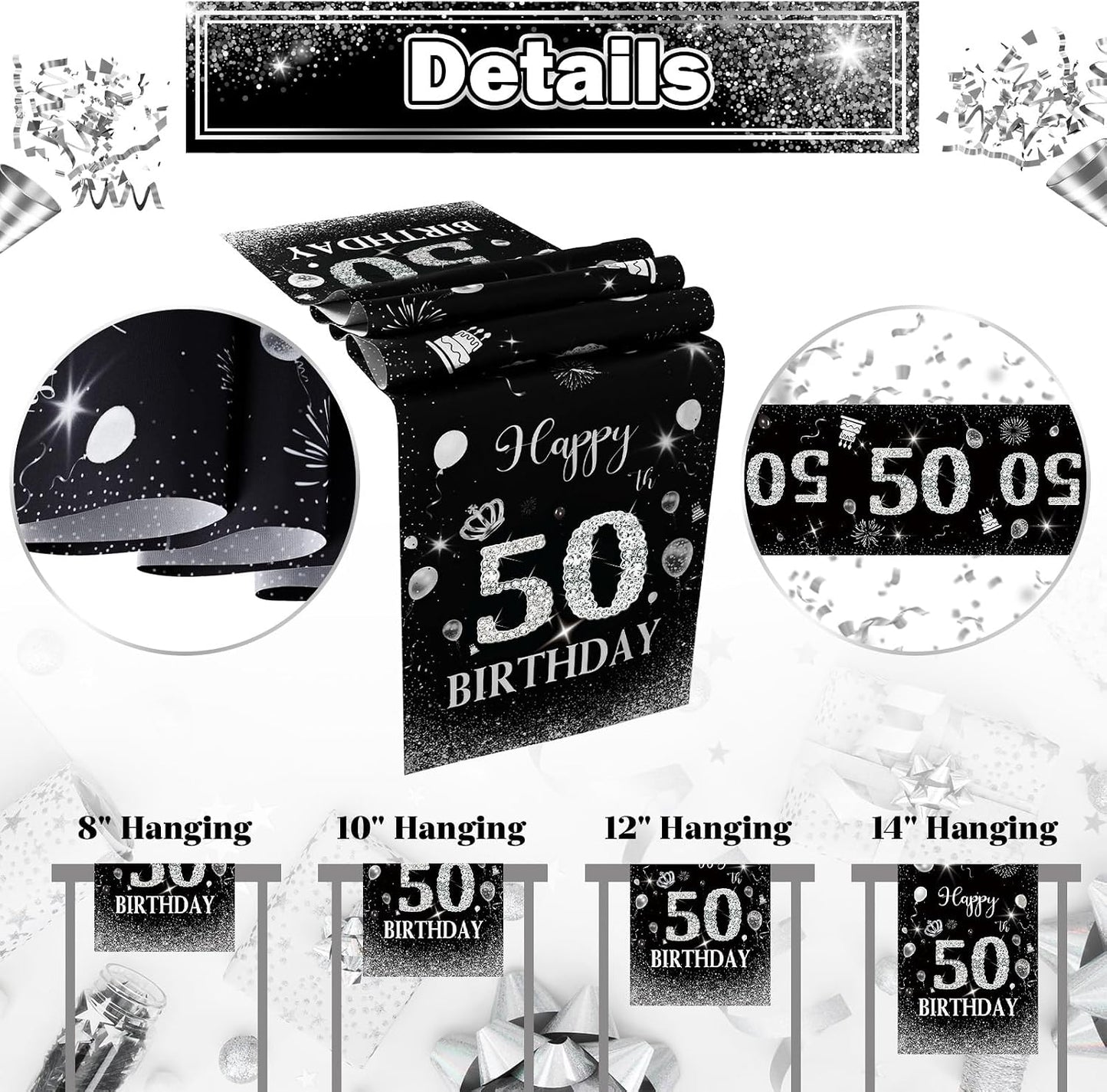 Mesa cumpleaños 50 color negro plateado antiderrap 72pulg
