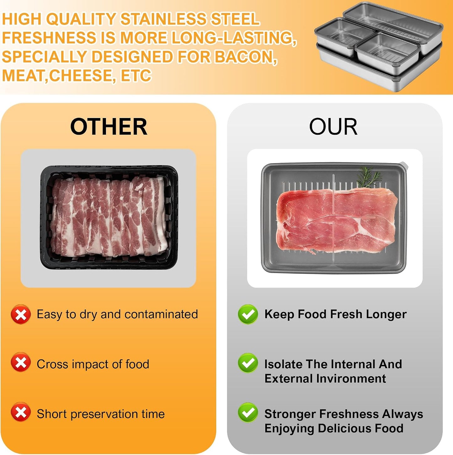 Set 4 Contenedores Tocino Acero Inox 304 con Tapa