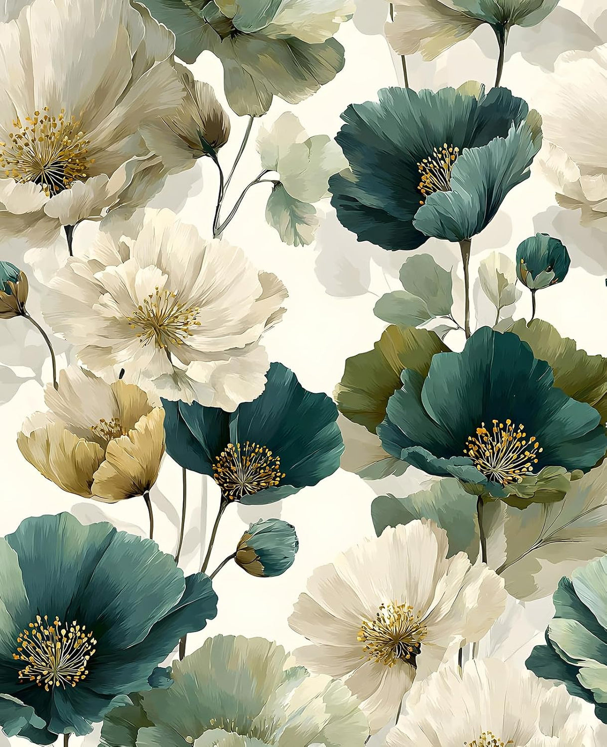 Papel tapiz floral verde diseño pétalos loto bohemio impermeable