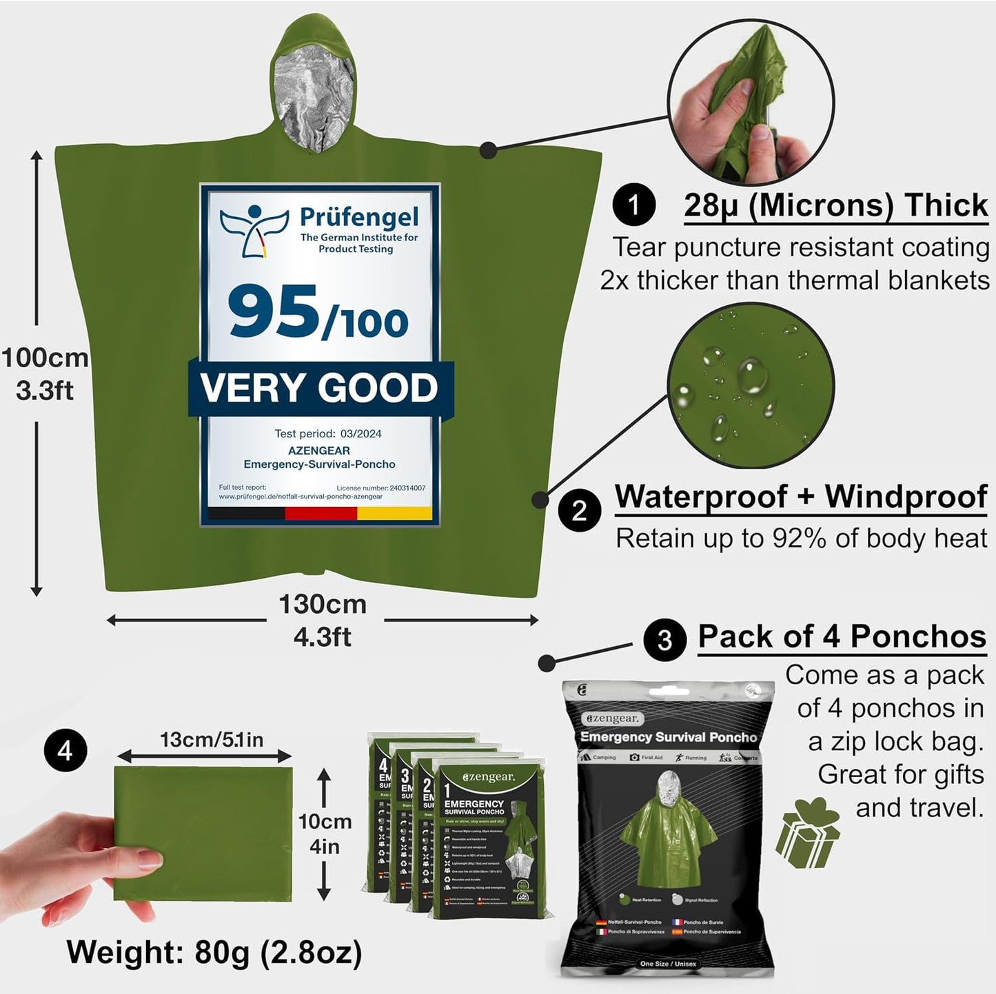 Poncho supervivencia Mylar térmico reversible 4 pzas verde
