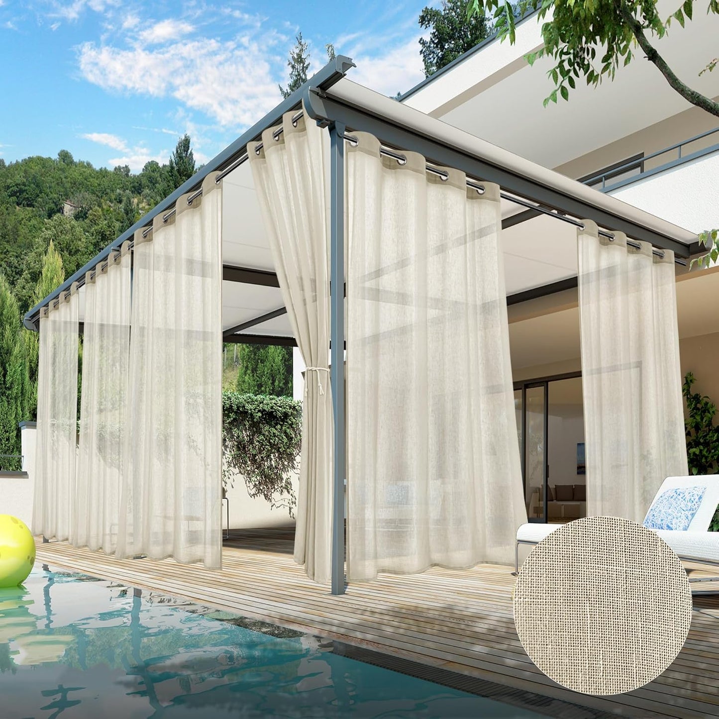 6 Paneles Cortinas Transparentes Impermeables Lino Natural
