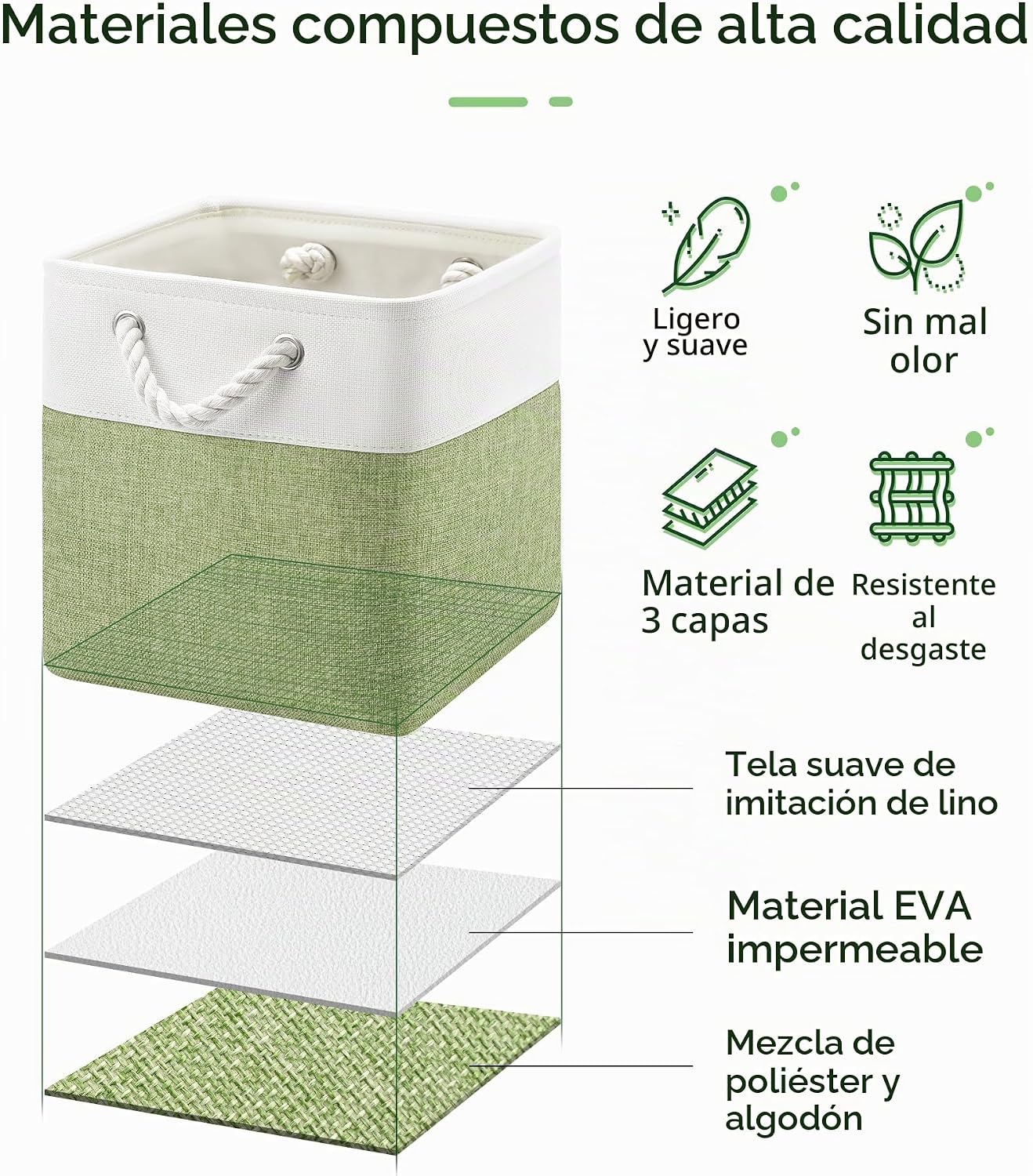 6 Pzas Cubos Tela Asas 11" Organizar Ropa Blanco/Verde