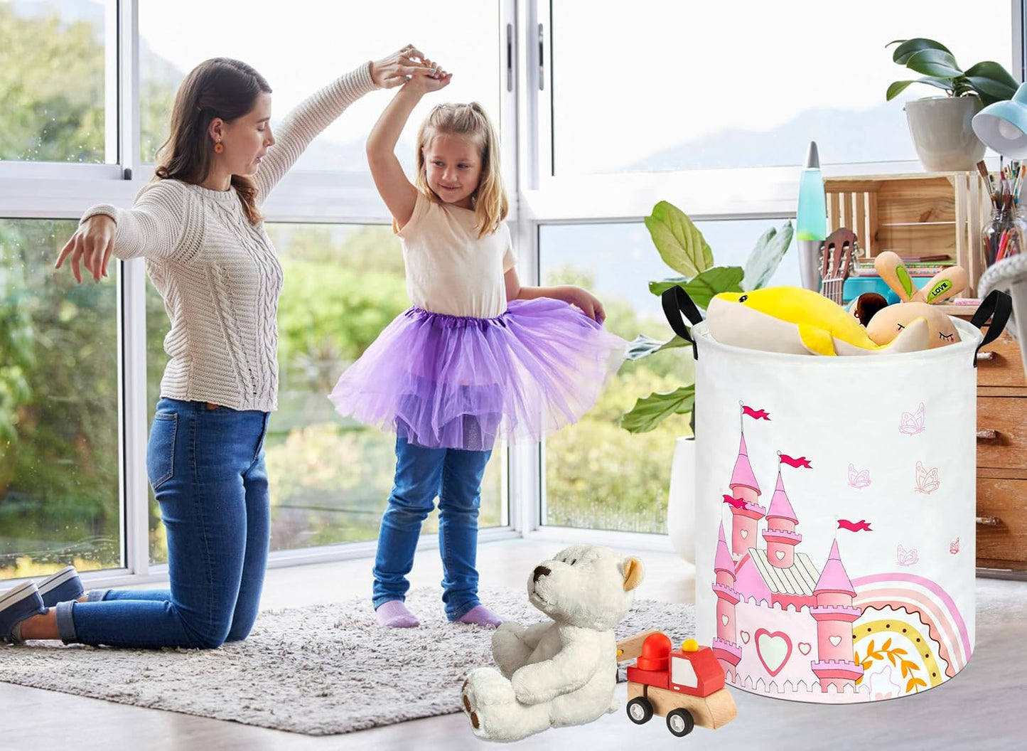 Cesto de lavandería plegable en forma de castillo rosa para niños