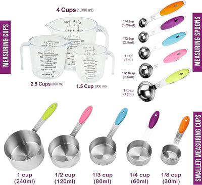 Set 13 pzas tazas y cucharas medidoras acero inox y plástico
