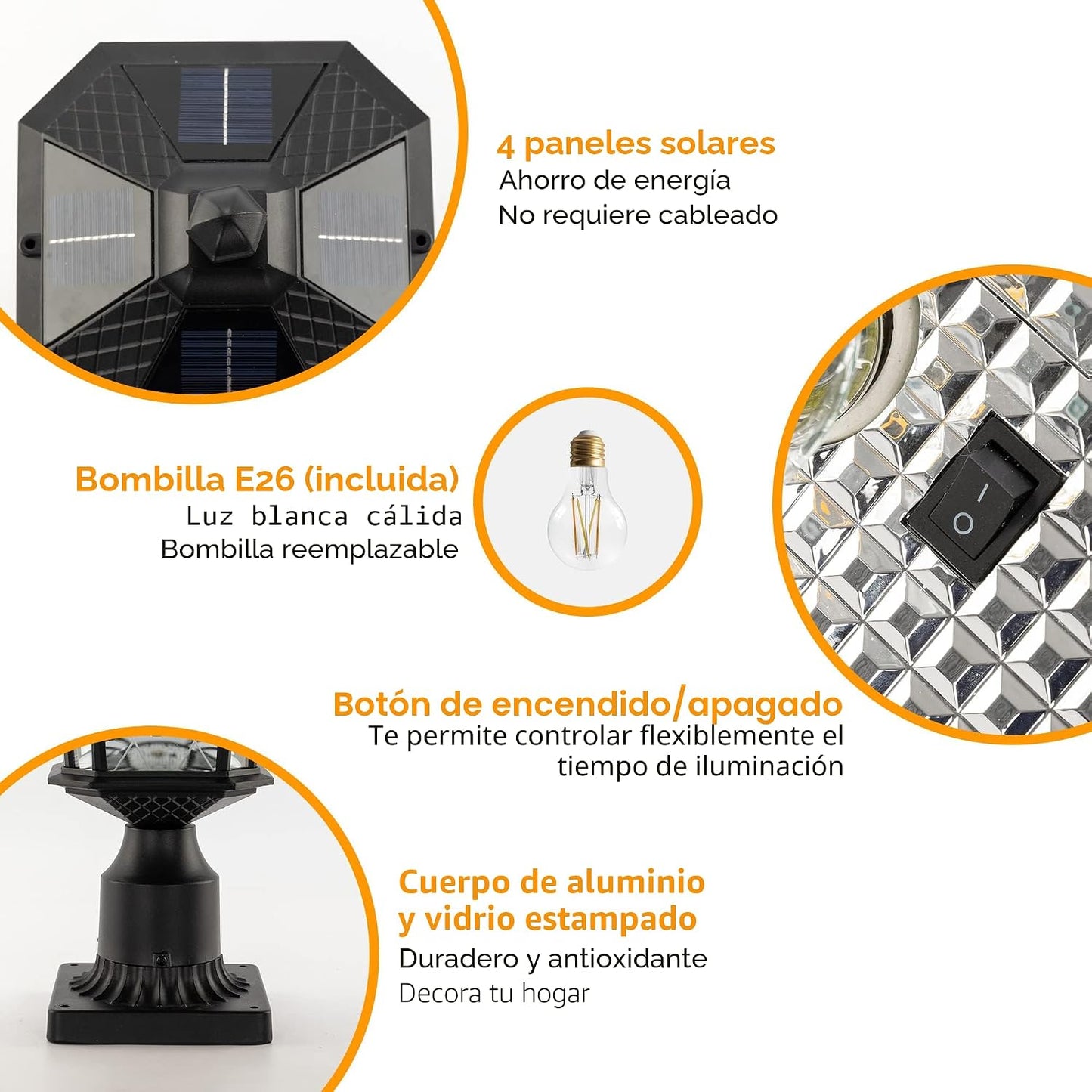 Lámpara poste solar impermeable luz vidrio estampado