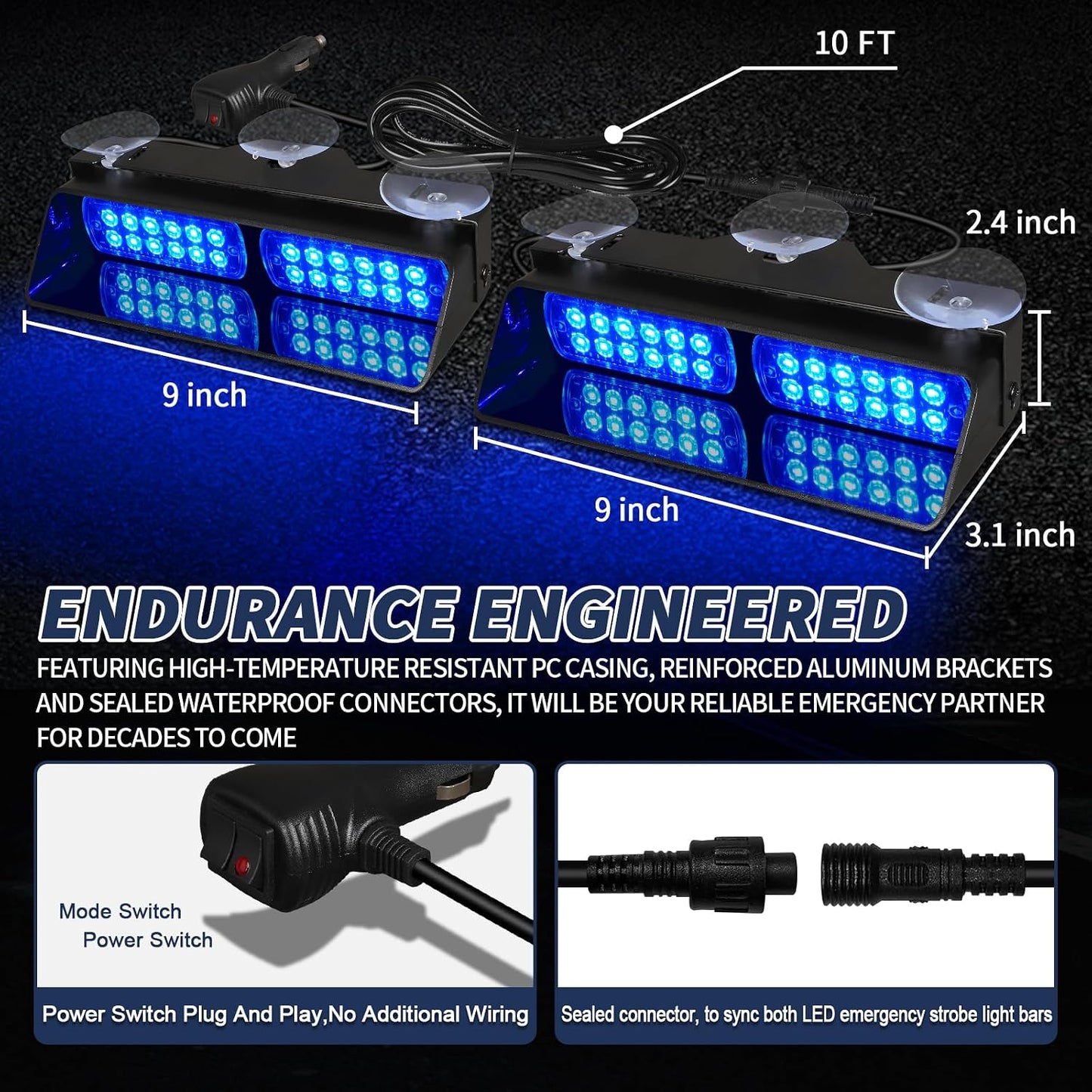 Luces estroboscópicas azules para visera parabrisas policía