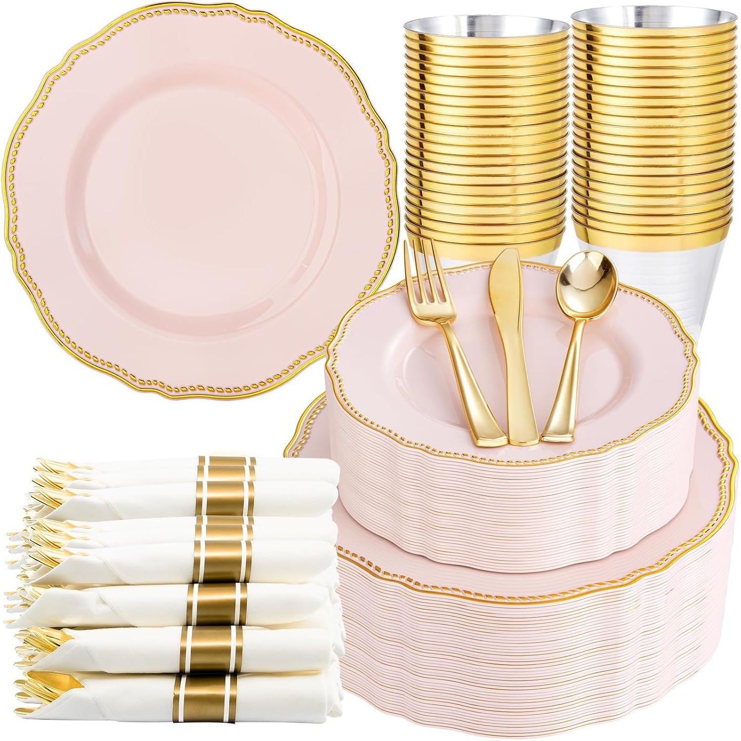 Set 350 pzas vajilla plástico rosa y dorado