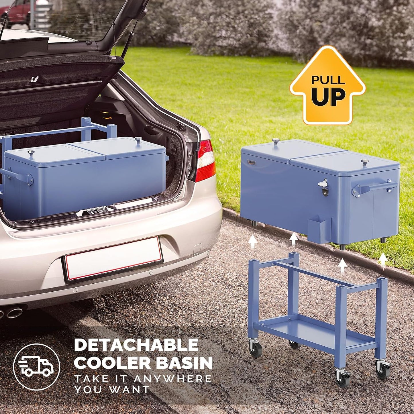 Baúl hielo rodante 80qt carrito fiesta con estante y abridor