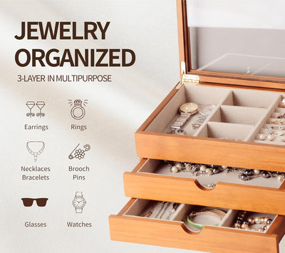 Caja joyas madera maciza 3 capas con tapa vidrio