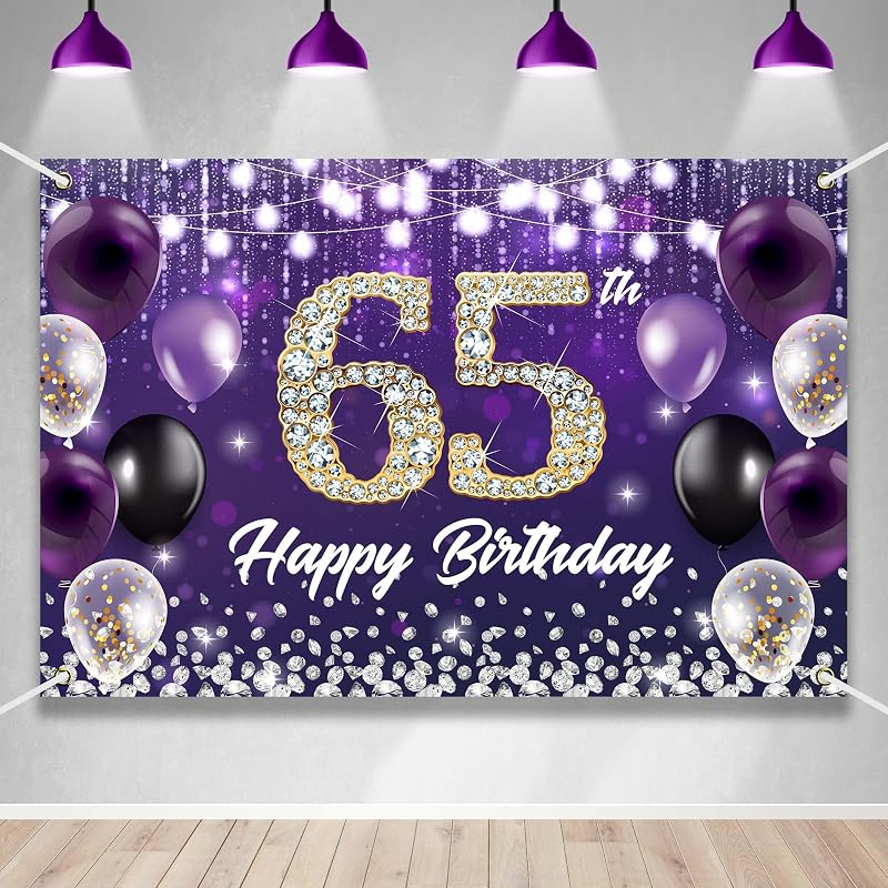 Telón cumpleaños 65 color morado diamante brillante fiesta