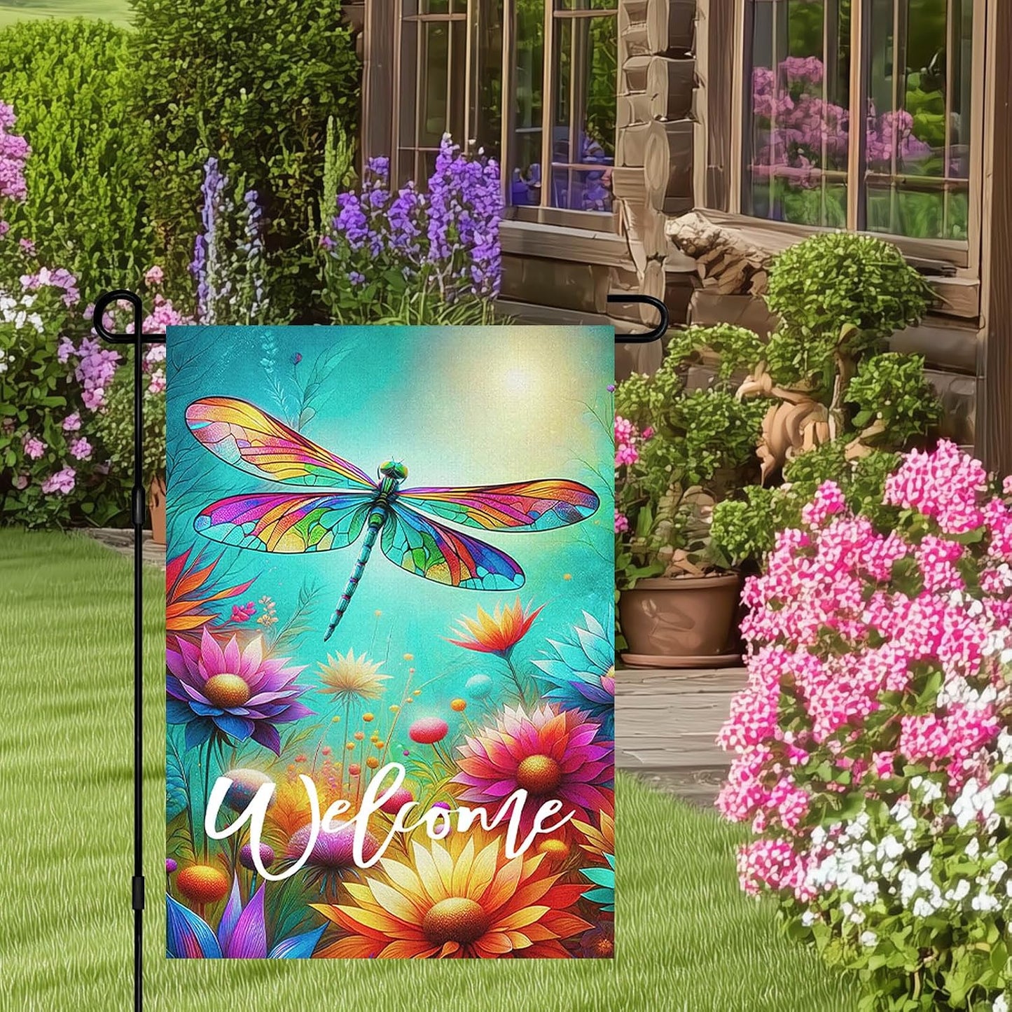 Bandera jardín libélula 12x18pulg doble cara primavera verano