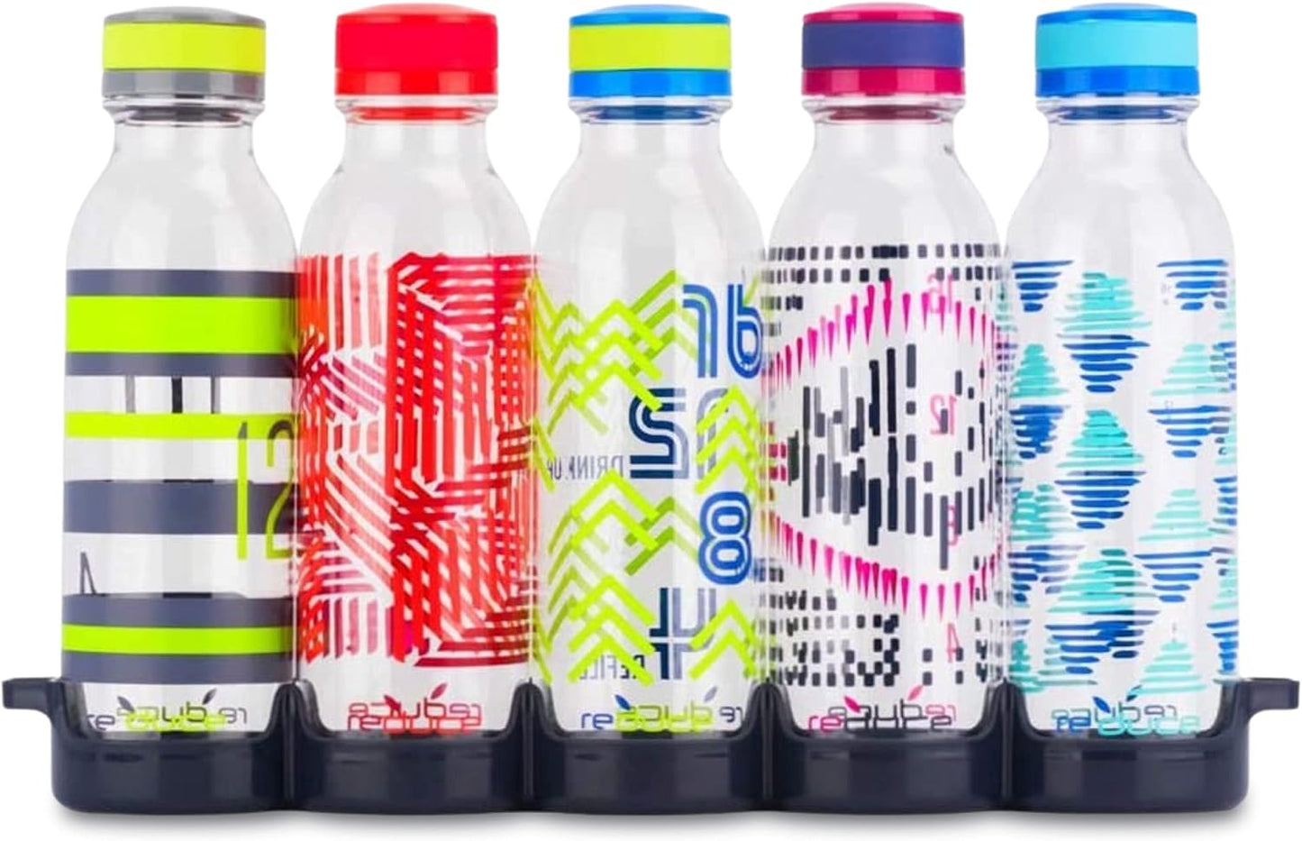 Set 5 botellas agua reutiliz. 20oz sin BPA con bandeja