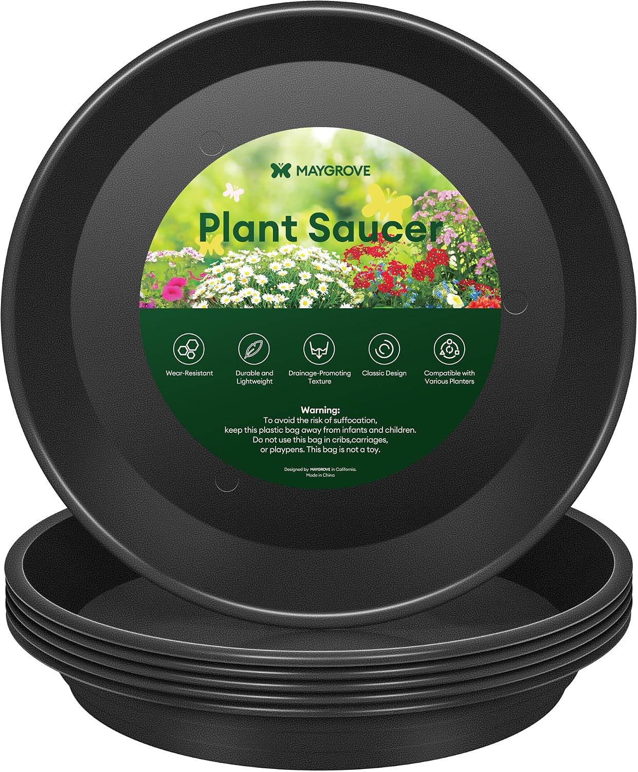 6 Pzas Platillos Plantas 8" Resistentes Negro