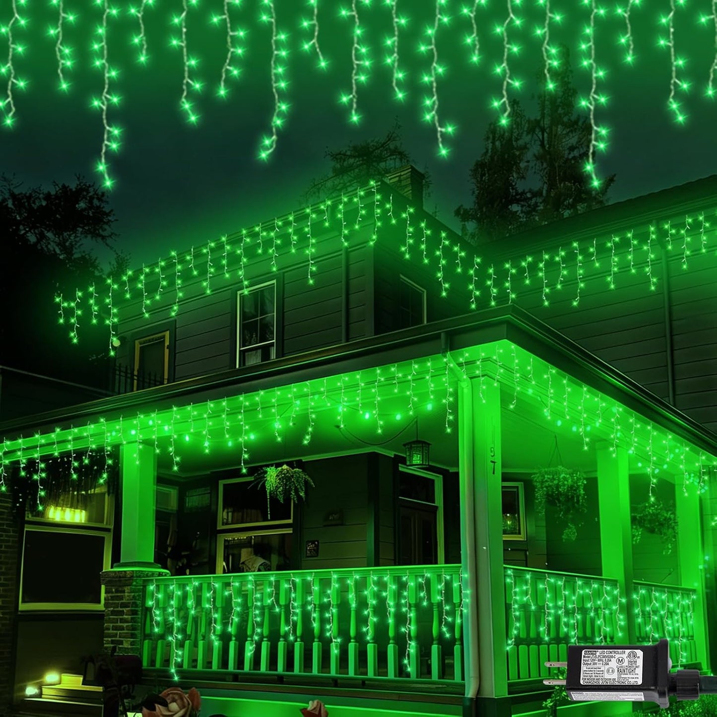 Luces carámbanos verdes 33ft 400LED enchufe 8 modos