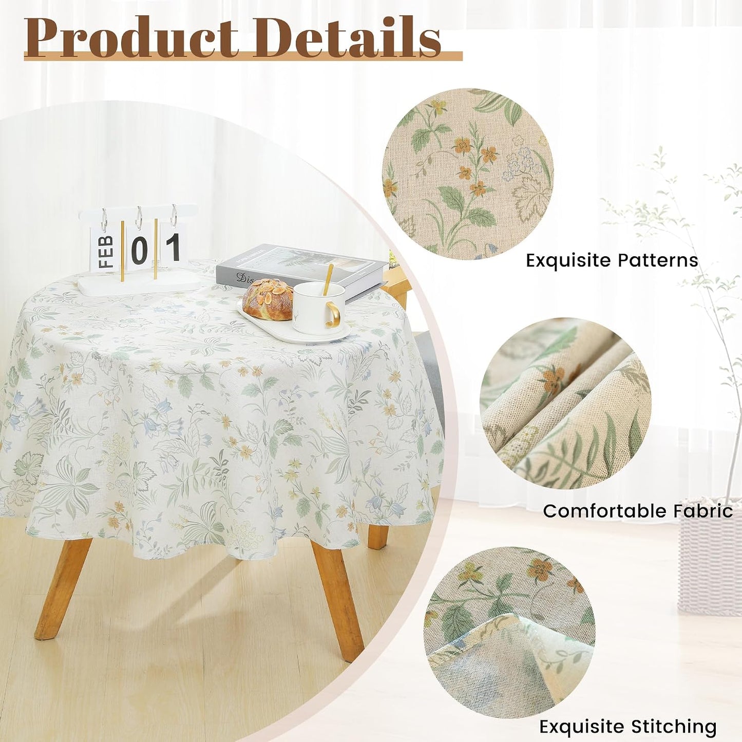 Mantel Lino Estilo Granja Flores Verdes 55pulg Redondo