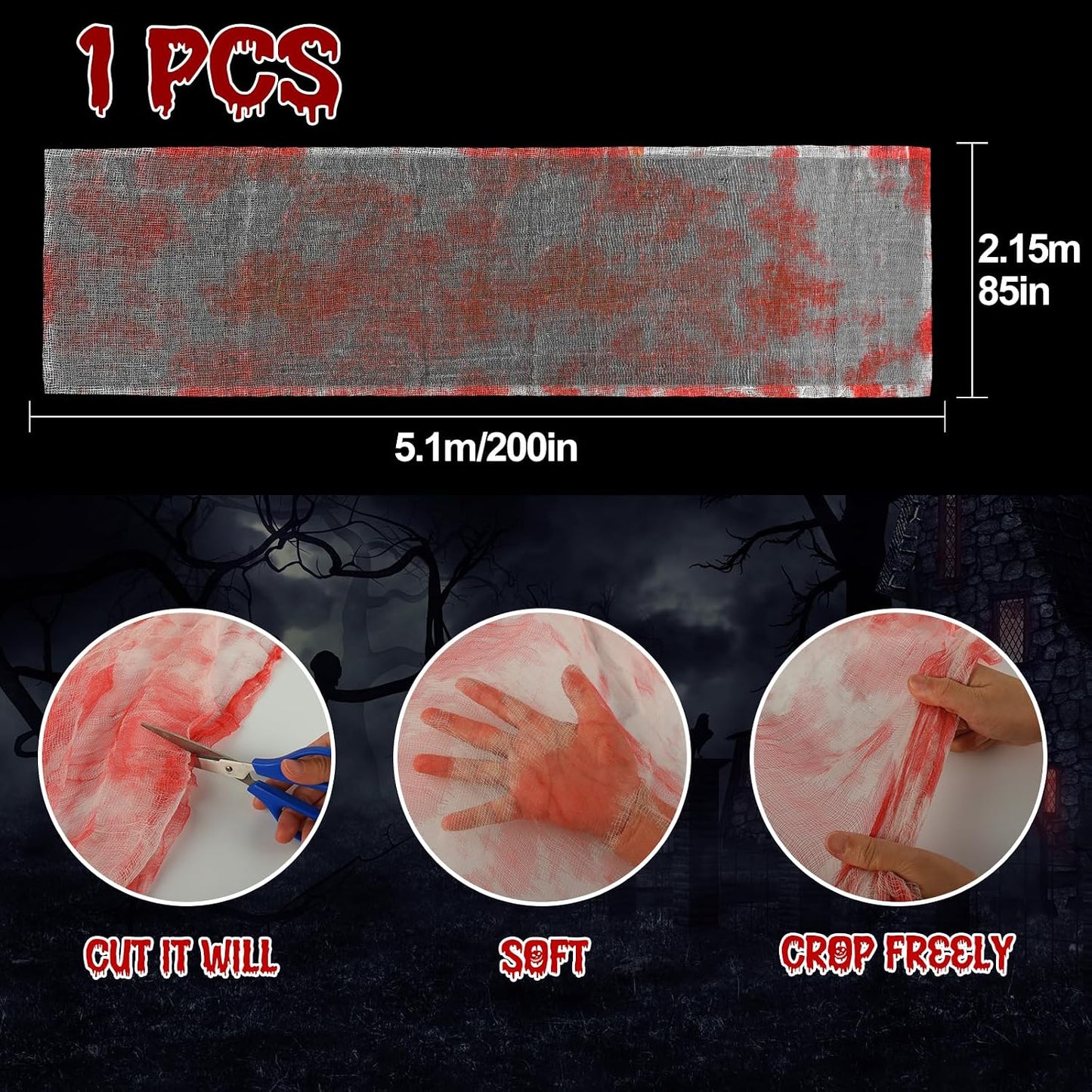 Telas Halloween 200x85pulg color rojo sangre decoración puerta