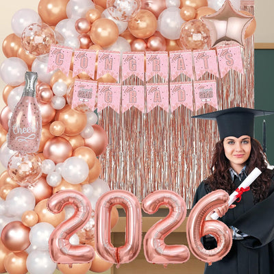 Decoración graduación 2025 oro rosa globos pancarta cortina