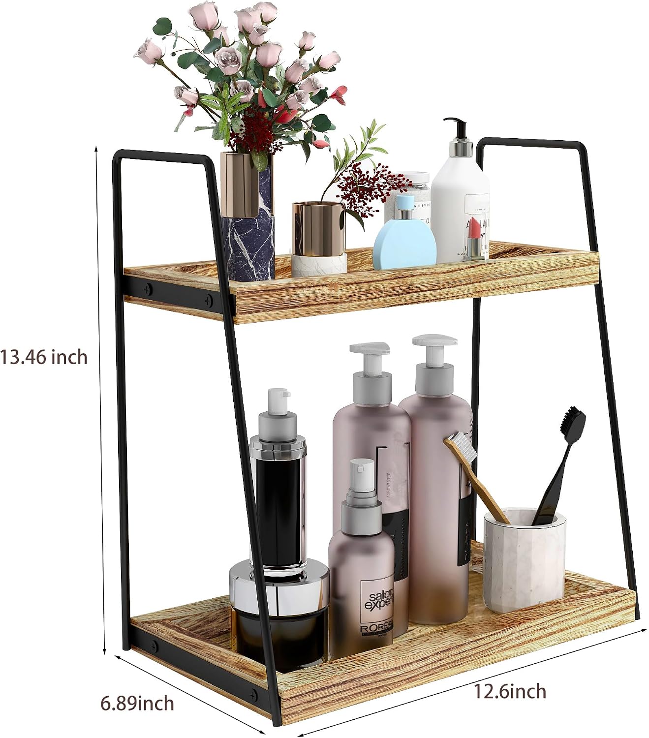 Organiz. de baño 2 niveles estante madera cocina