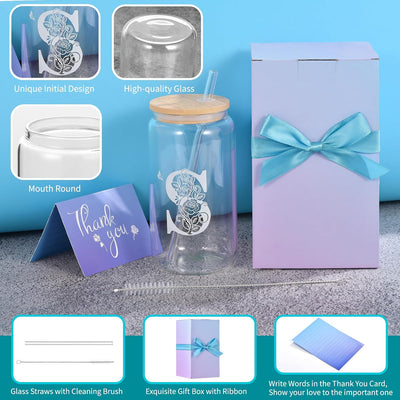 Vasos vidrio con iniciales tapas pajitas regalo personalizado mujer