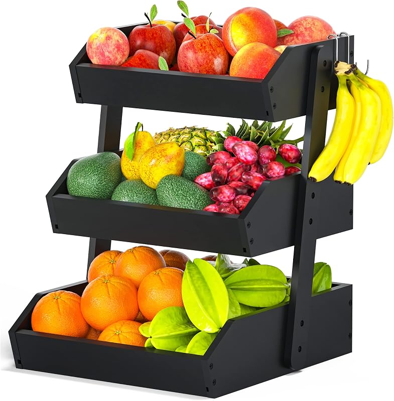 Cesta frutas bambú 3 niveles con ganchos para plátano