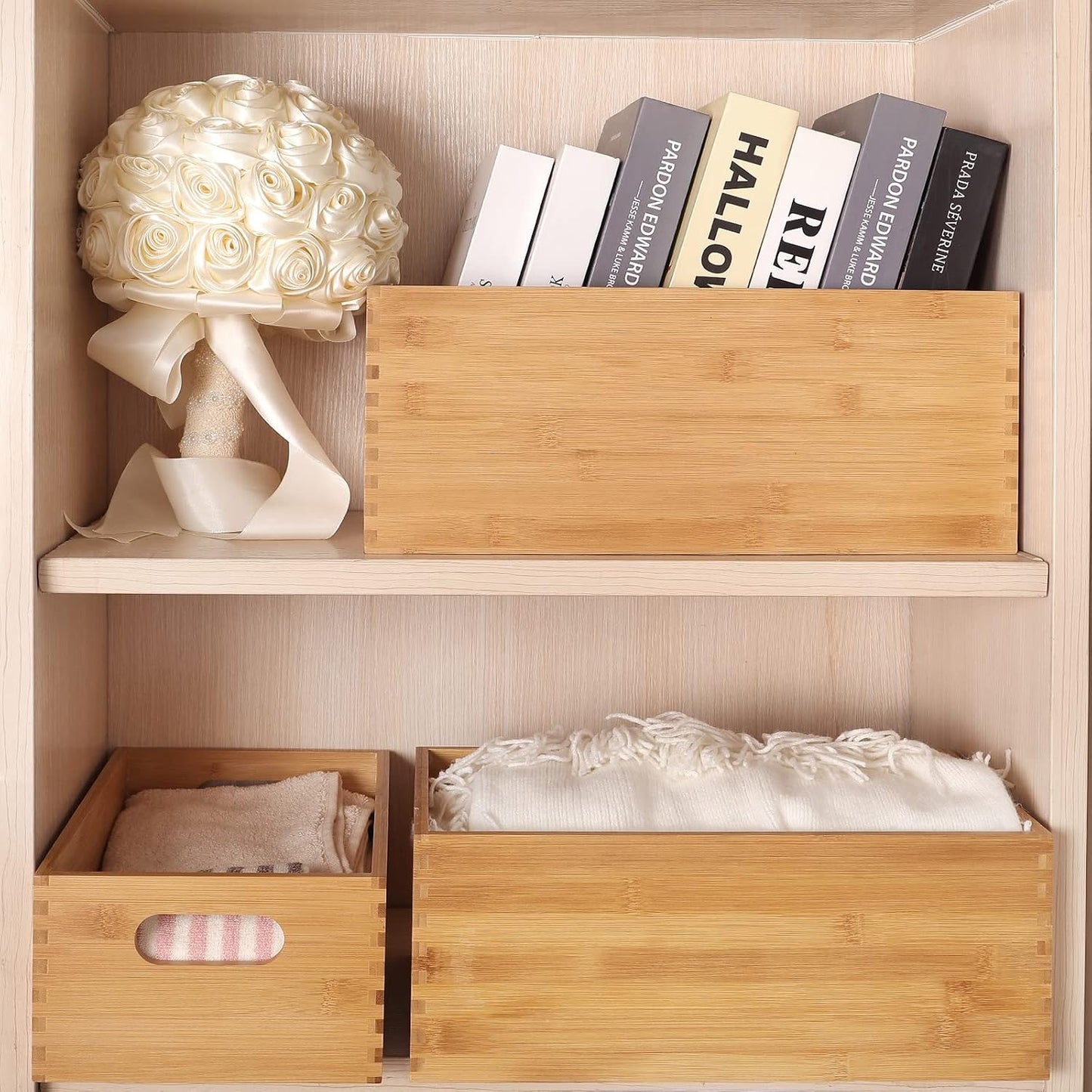 Set 4 cajas madera bambú anidables para almacenar estantes