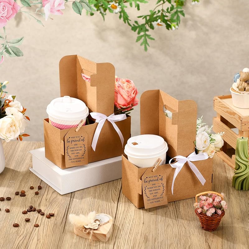 Set 12 vasos papel kraft con asa y etiquetas para maestro