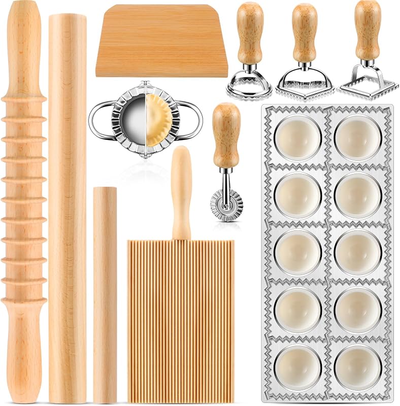 Set 12 Pzas Moldes Raviolis Prensador Rodillo Tabla Gnocchi