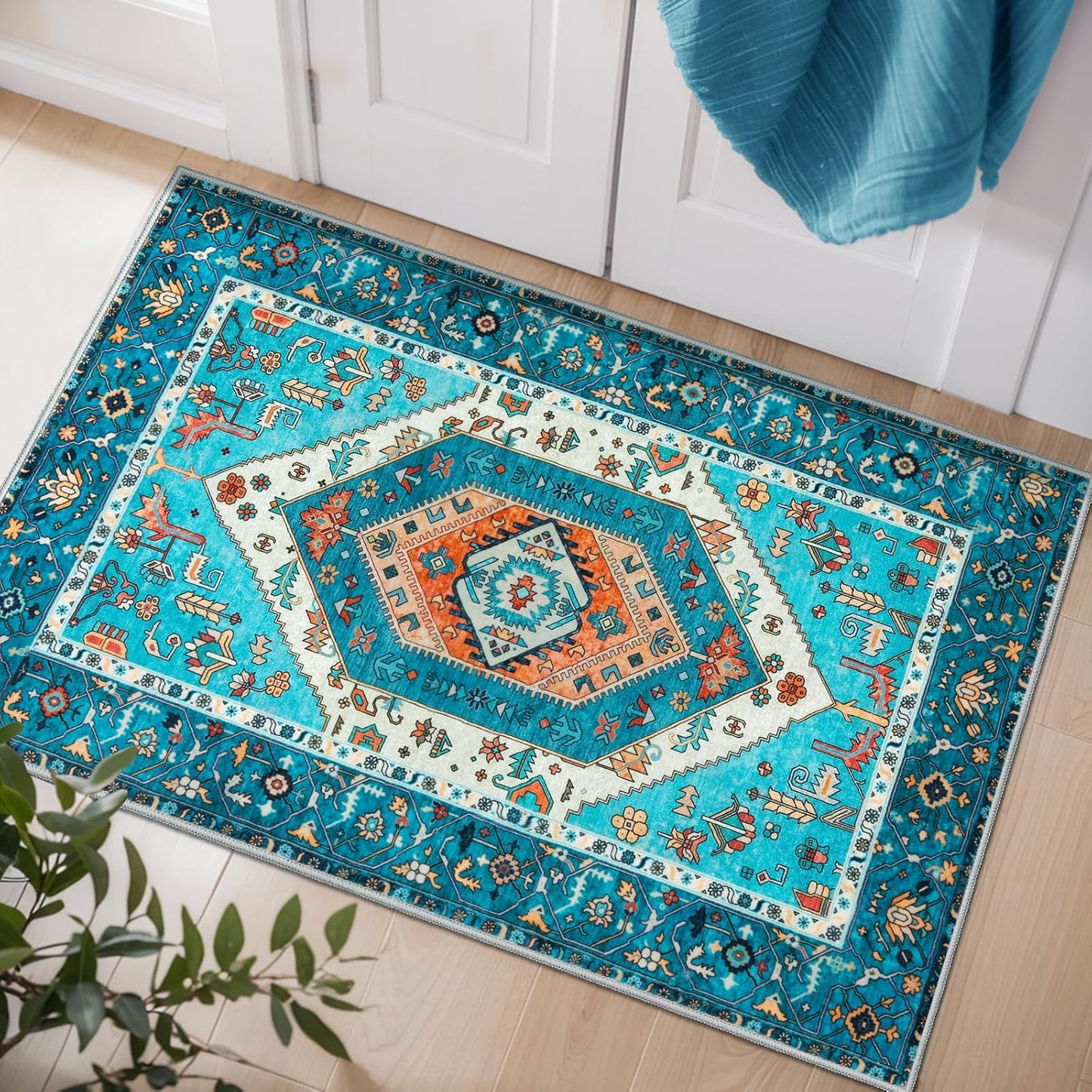 Alfombra bohemia entrada 2x3pies azul antiderrap lavable