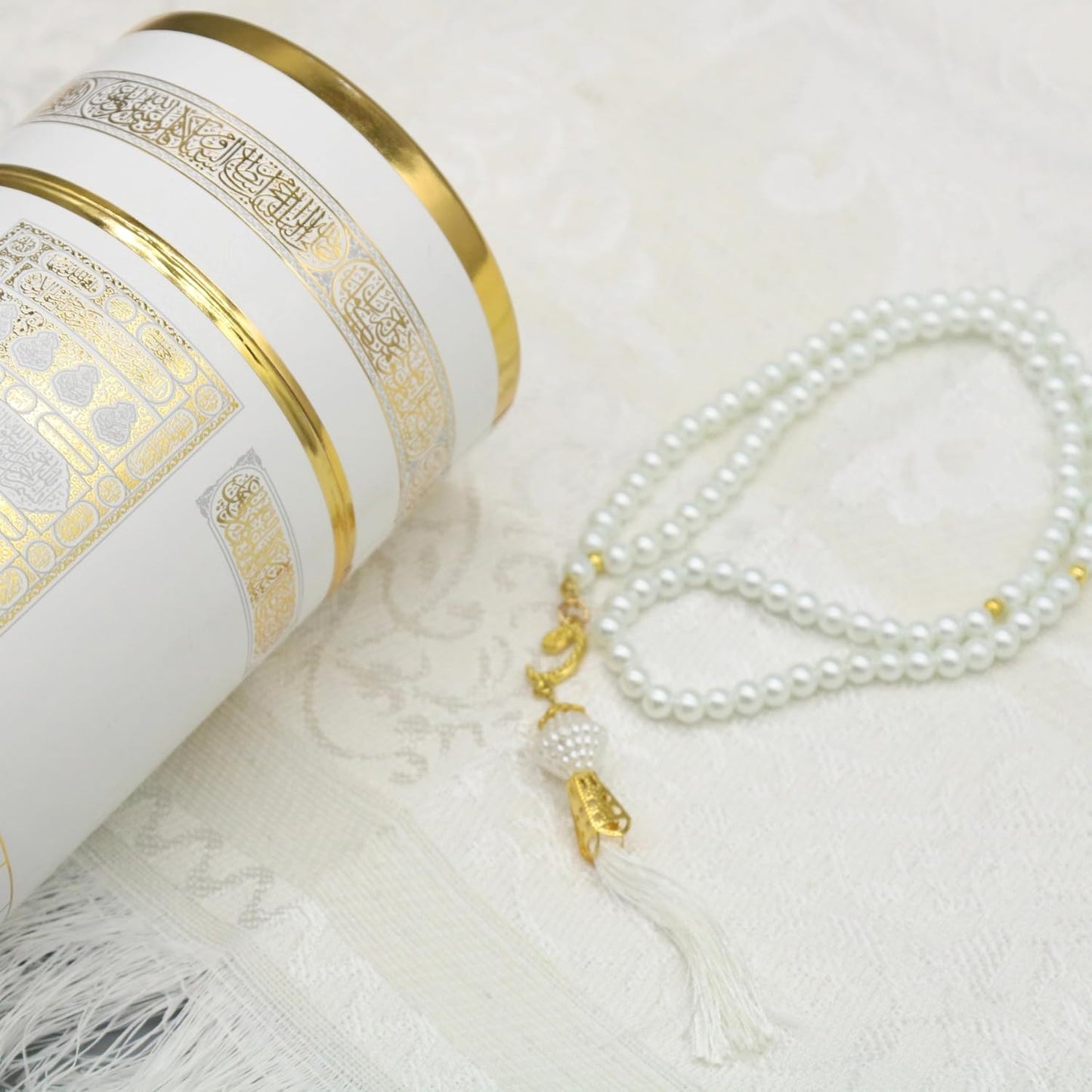 Juego alfombra oración musulmana con caja Kaaba blanco