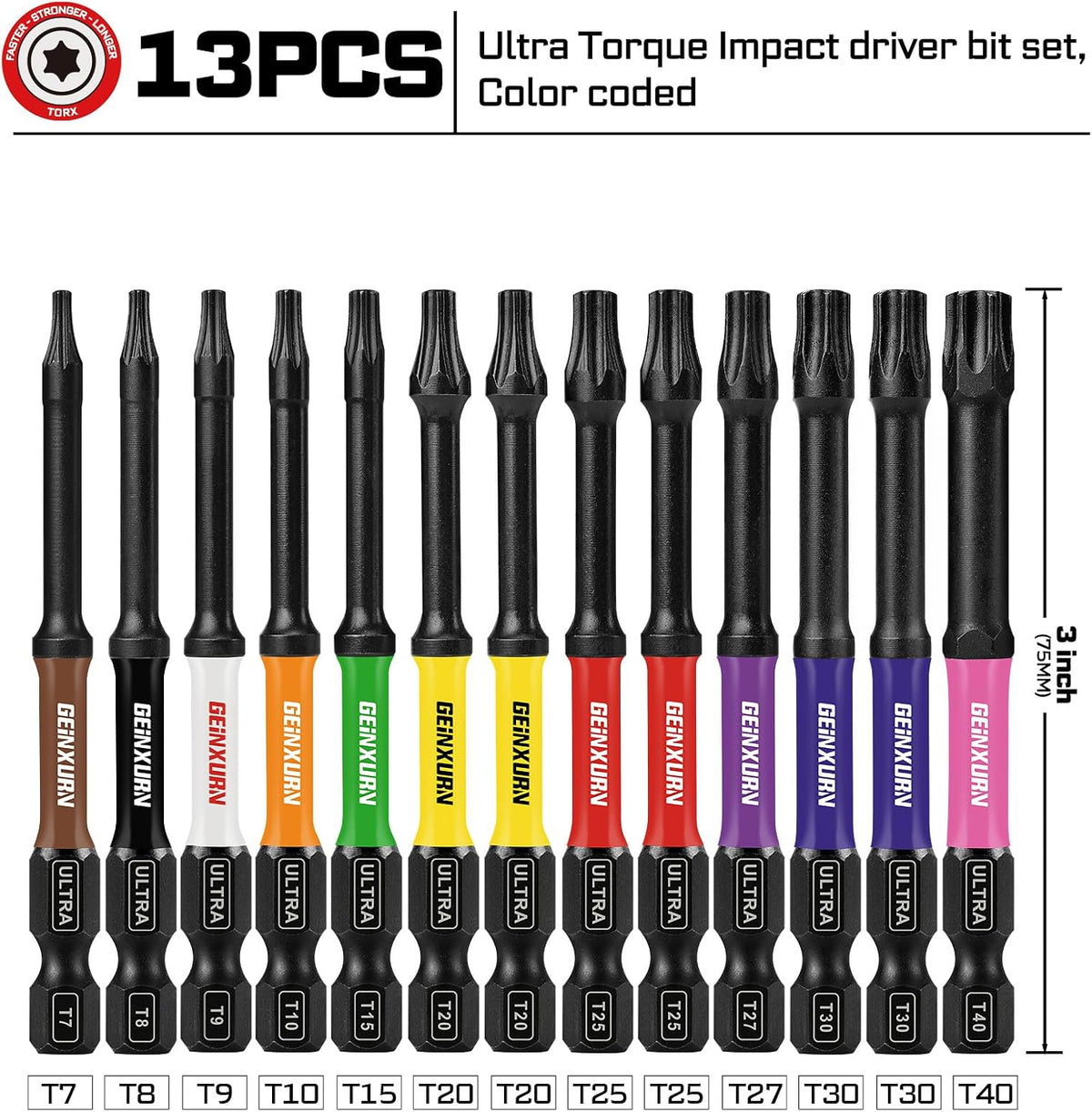 Juego 13 Pzas Puntas Torx S2 con Impacto T7-T40 Magnéticas