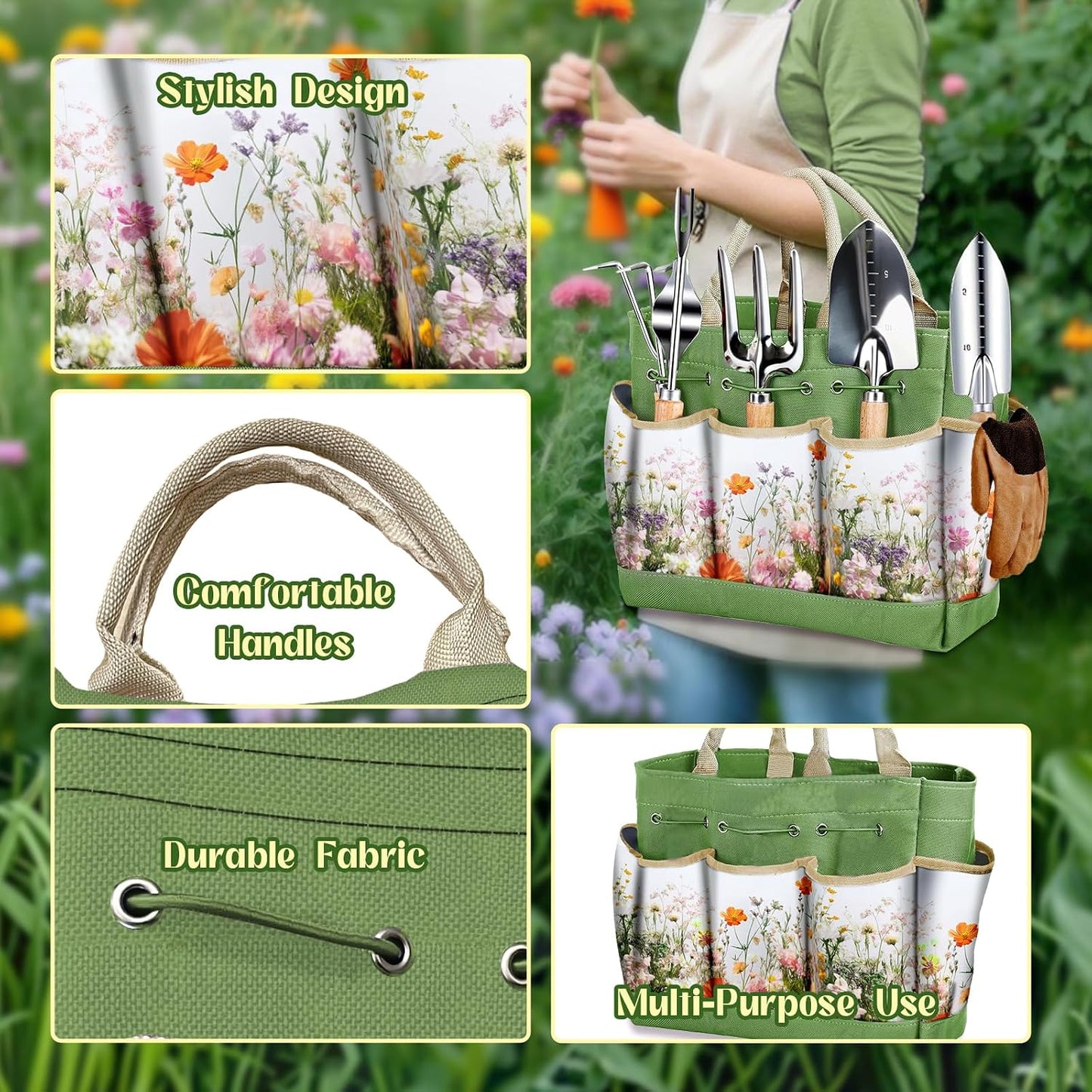 Set 9 Pzas Herramientas Jardín con Bolsa Floral