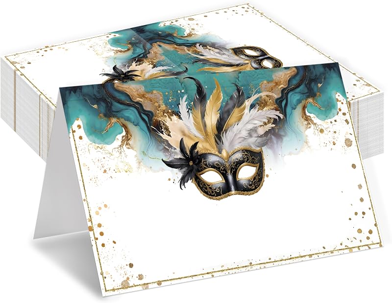 Tarjetas mesa fiesta máscaras con nombre 25