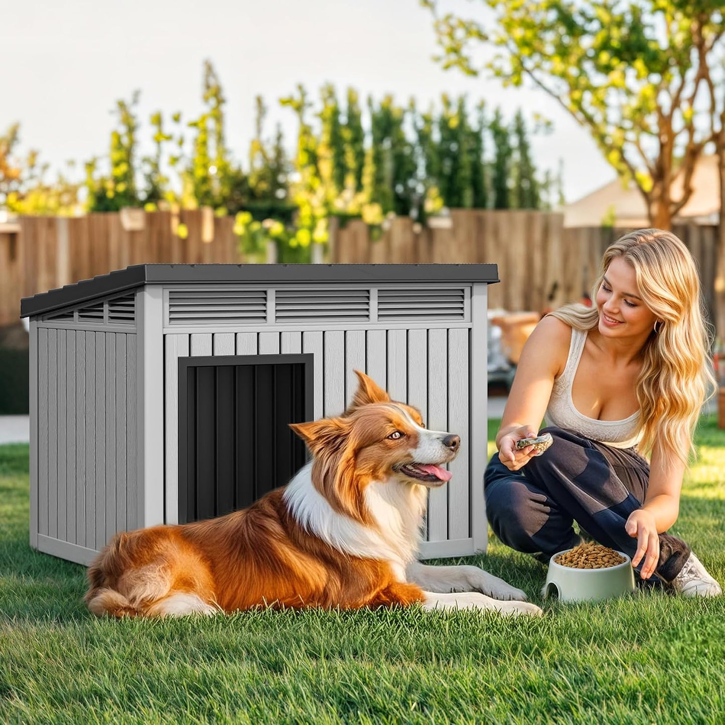 Casa plástico perros techo elevable impermeable gris