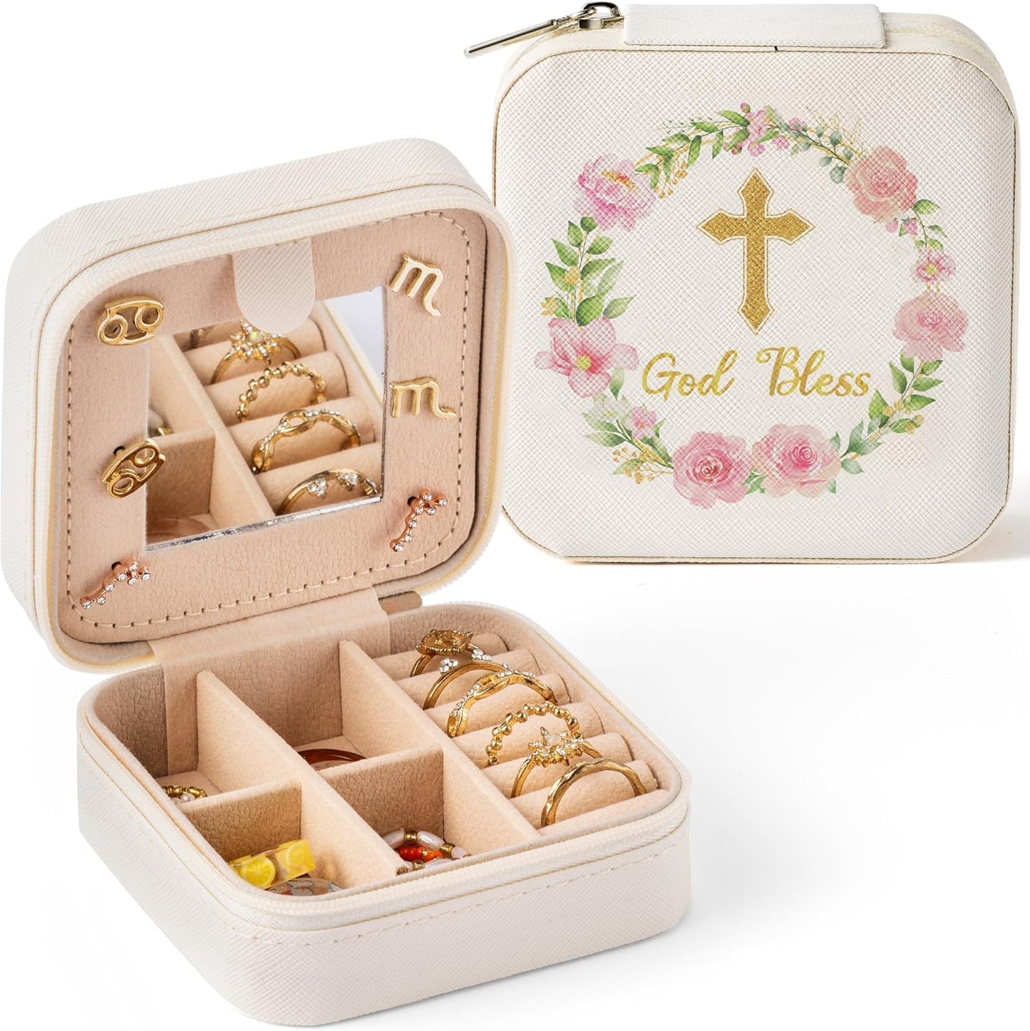 Joyero portátil con cruz y oro rosa para mujer y niña