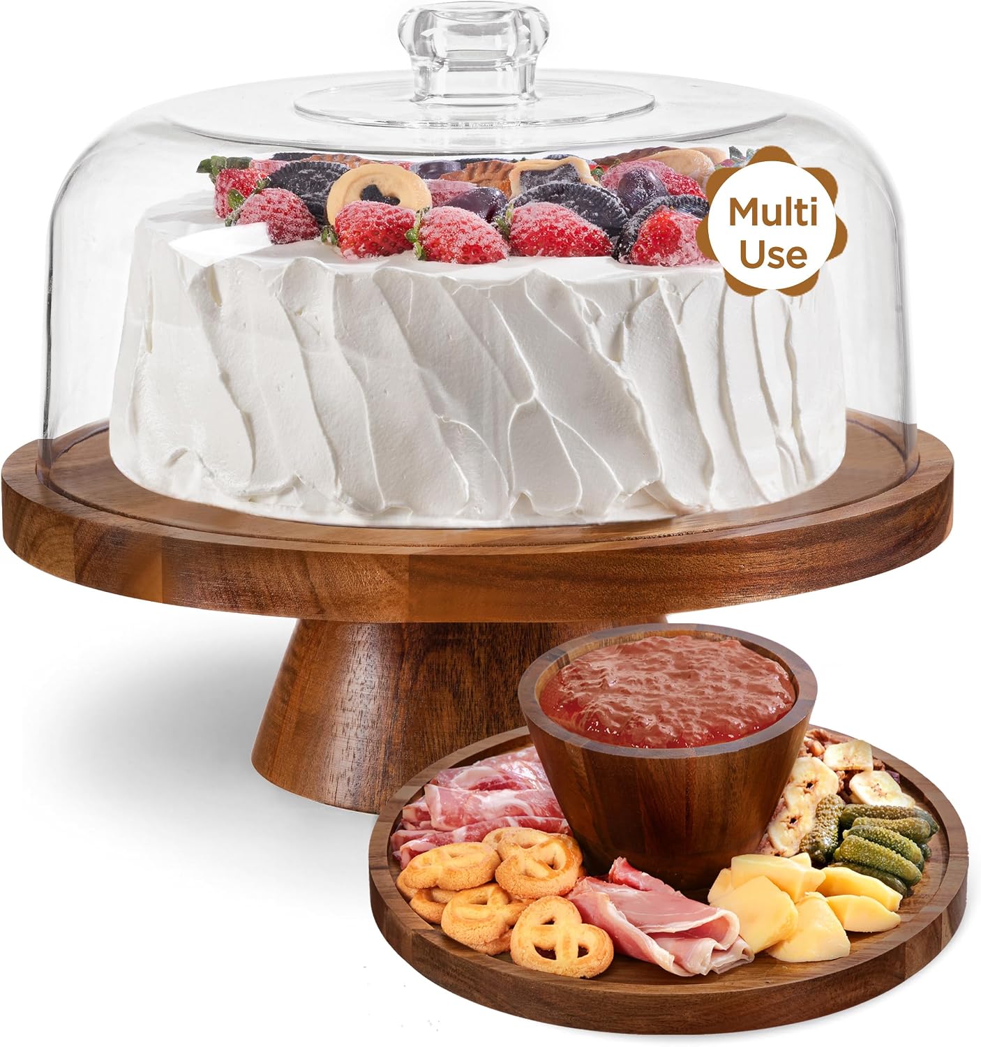 Soporte tartas cristal 28.9cm madera acacia 6en1