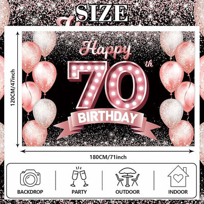 Cartel feliz cumpleaños 70 años rosa dorado decoración fiesta