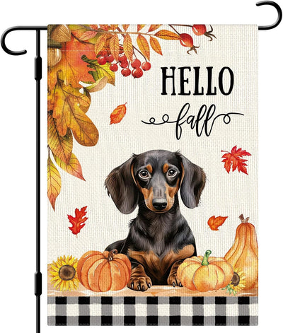 Bandera jardín perro salchicha hello fall 12x18pulg doble cara