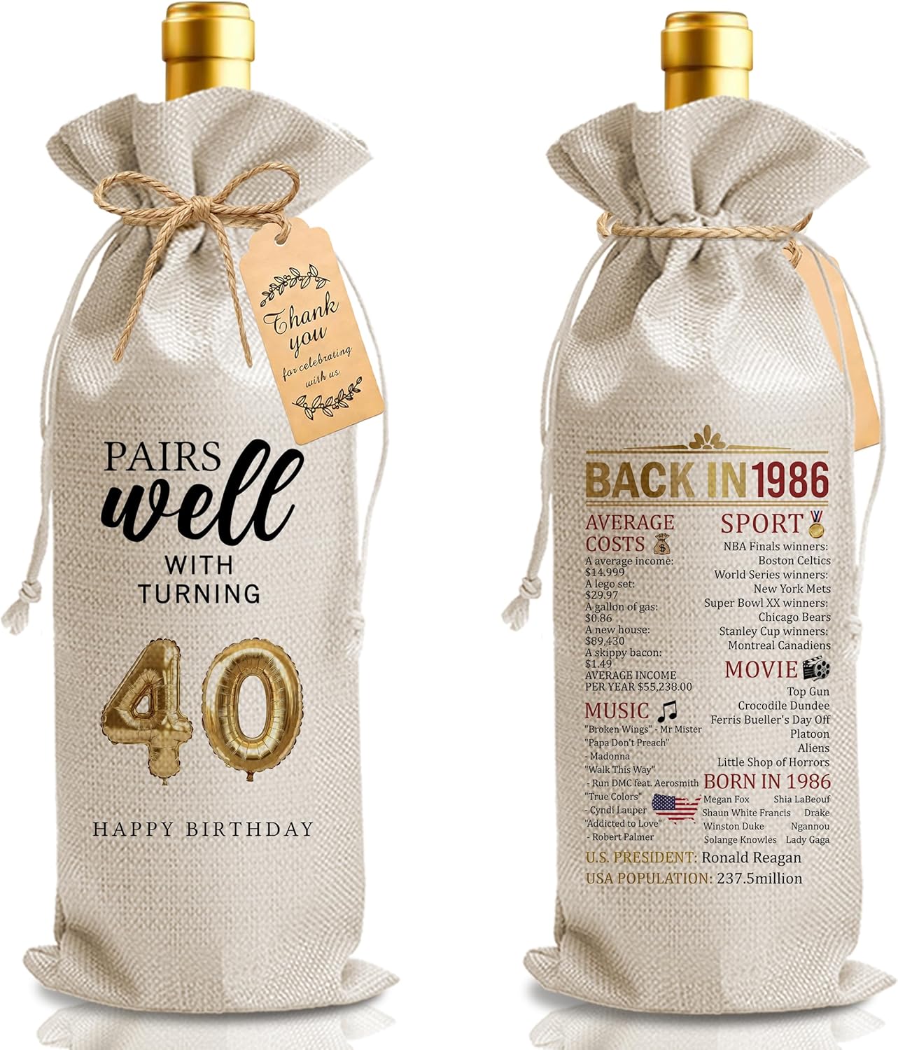 Bolsa de regalo de vino para cumpleaños número 40 con cordón y tarjeta