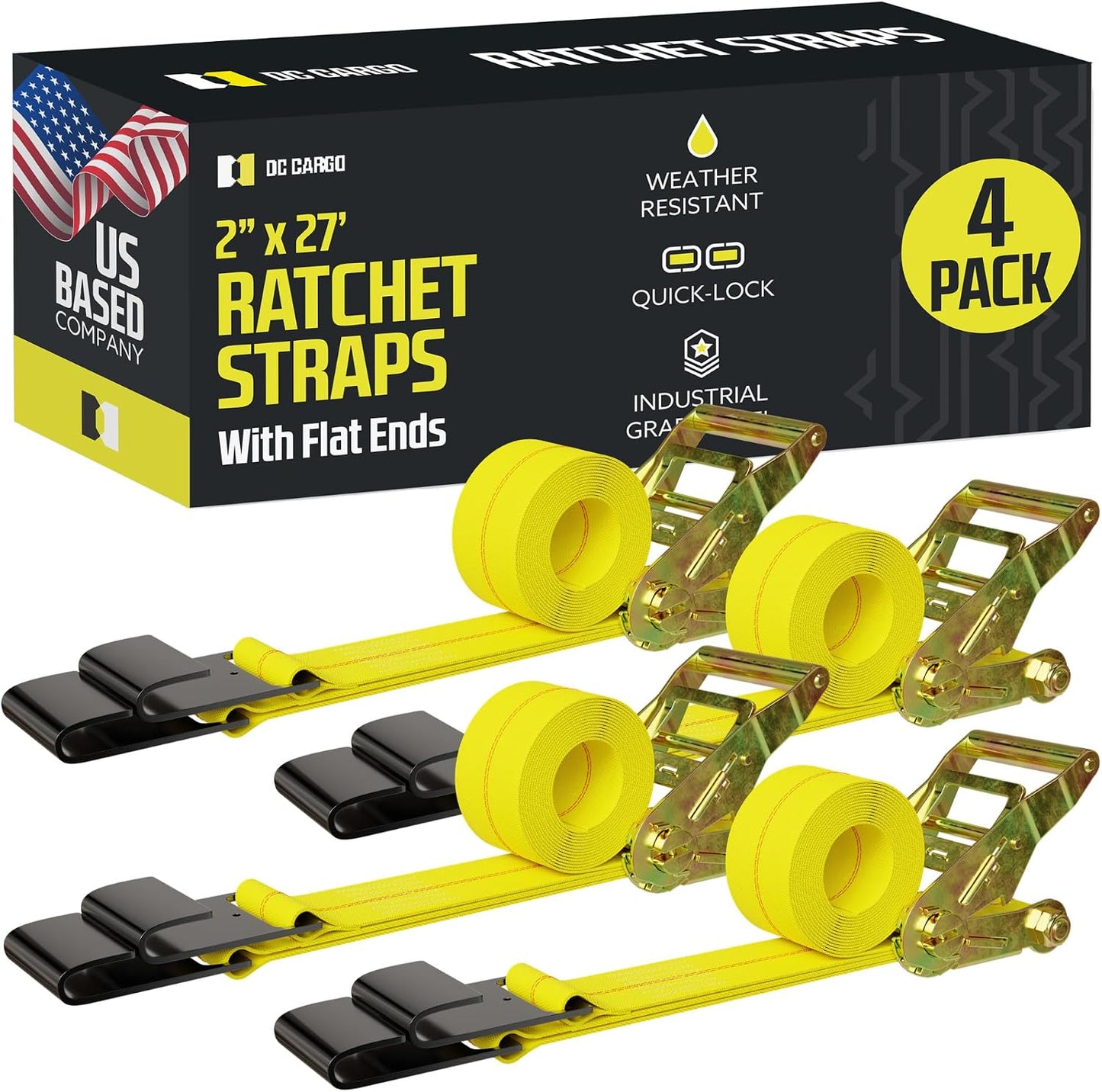 Correas trinquete 2" x27pies con gancho plano set 4