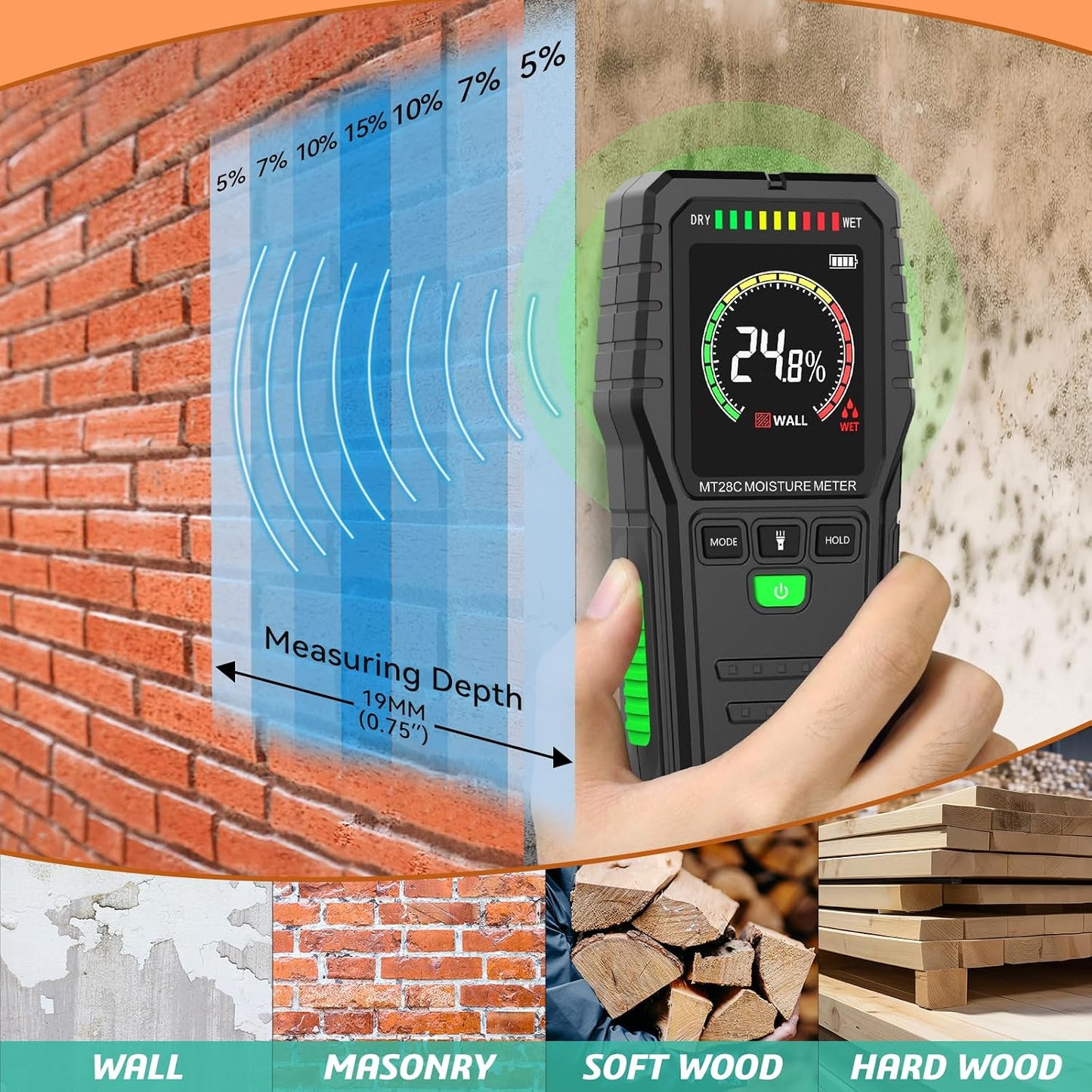 Medidor humedad pared piso digital LCD 3 colores alarma