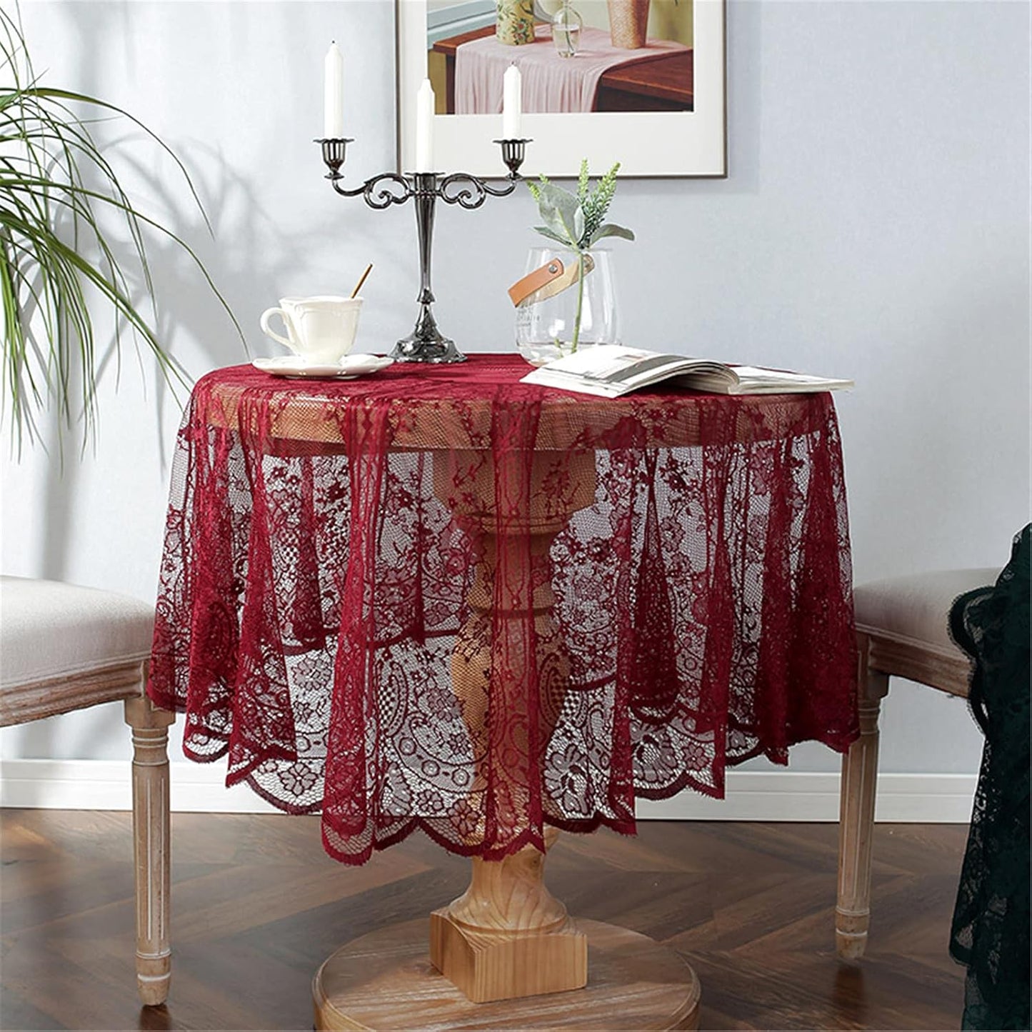 Mantel encaje rojo bordado floral redondo 60